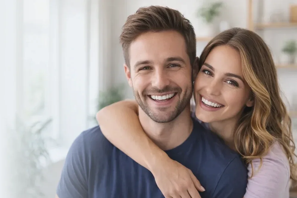 Couple smiling after crown and bridge treatment