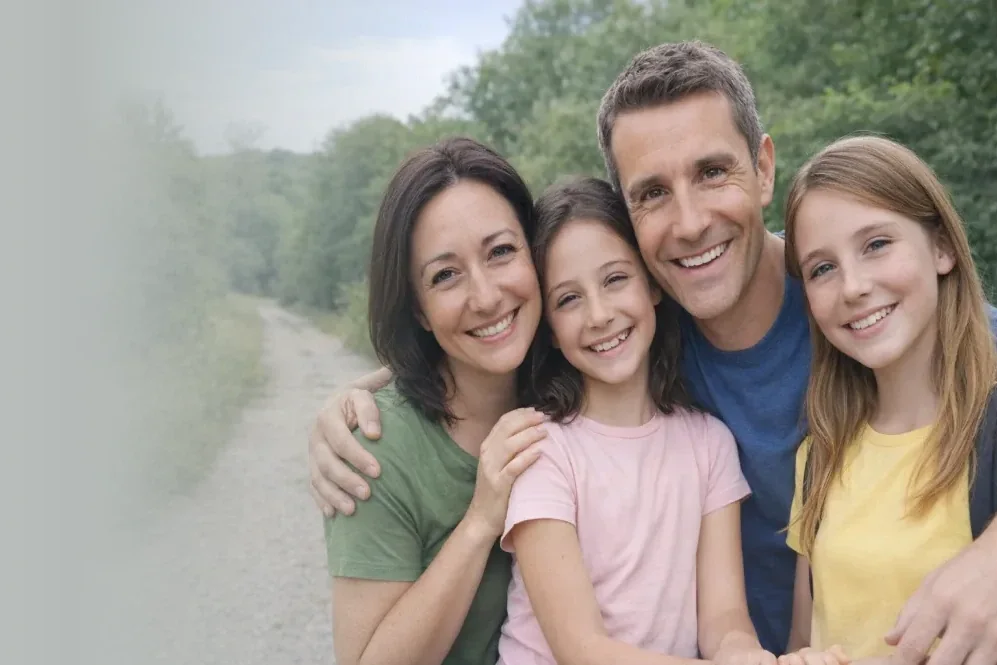 A family smiling outdoors in the Napa Valley