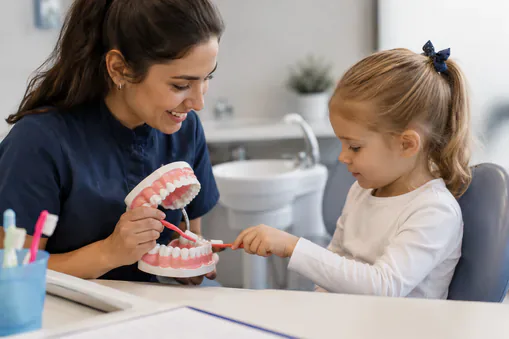 Young child at the dentist learning to brush teeth